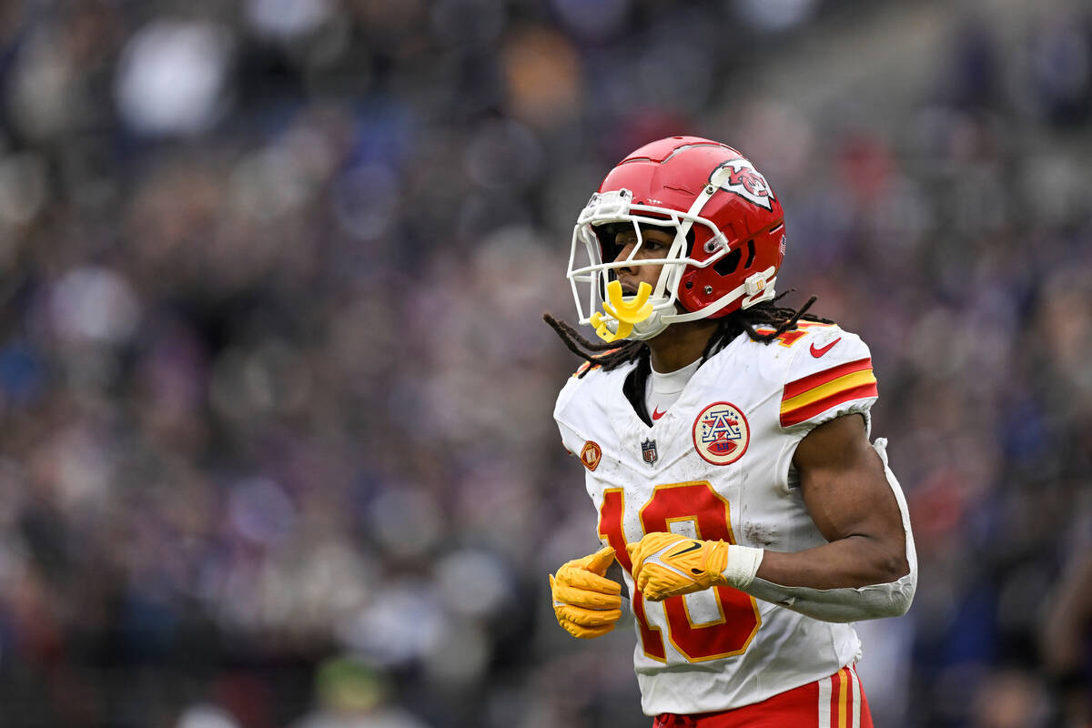 Kansas City Chiefs running back Isiah Pacheco (10) jogs off the field during the first half of ...