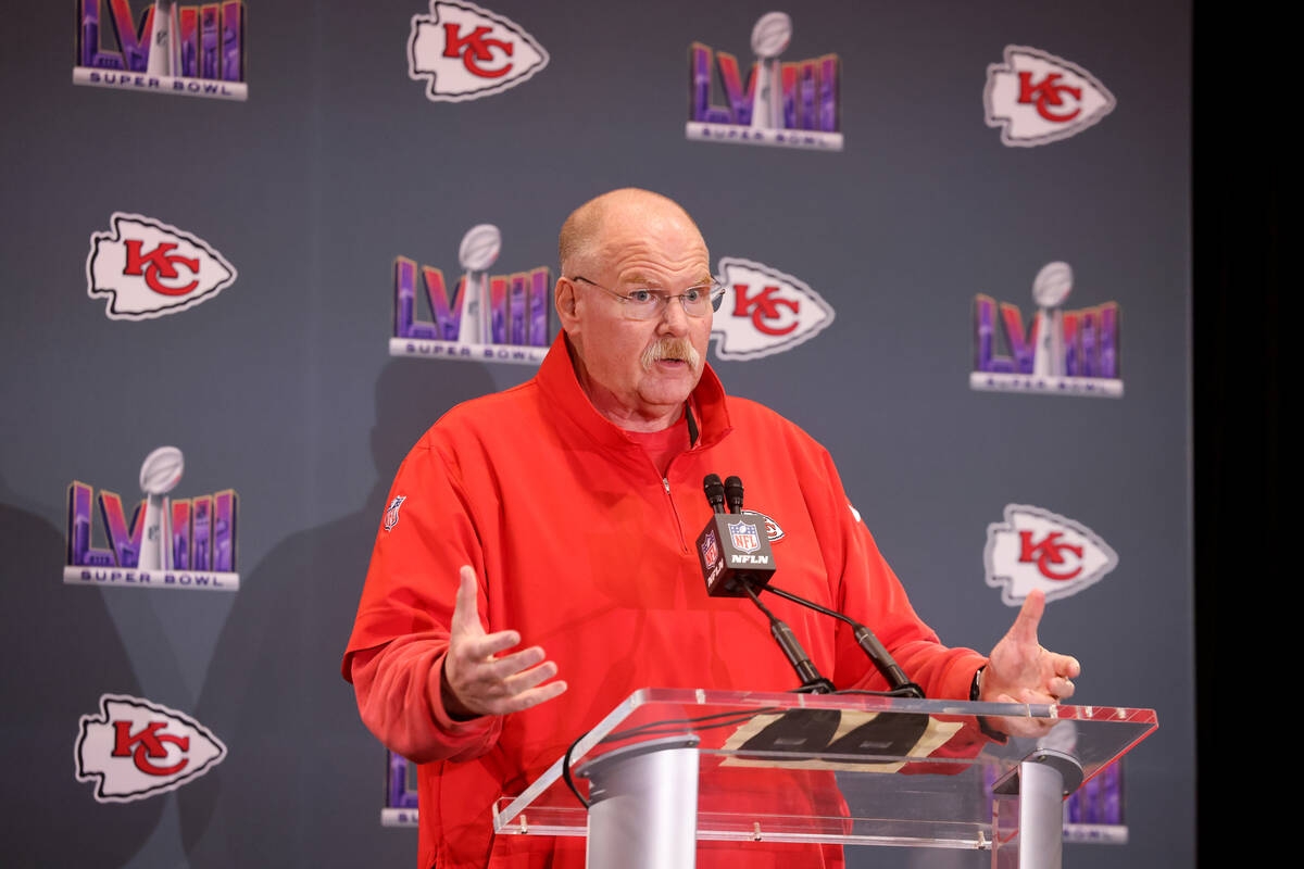 Kansas City Chiefs coach Andy Reid talks with the news media at Westin Lake Las Vegas in Hender ...