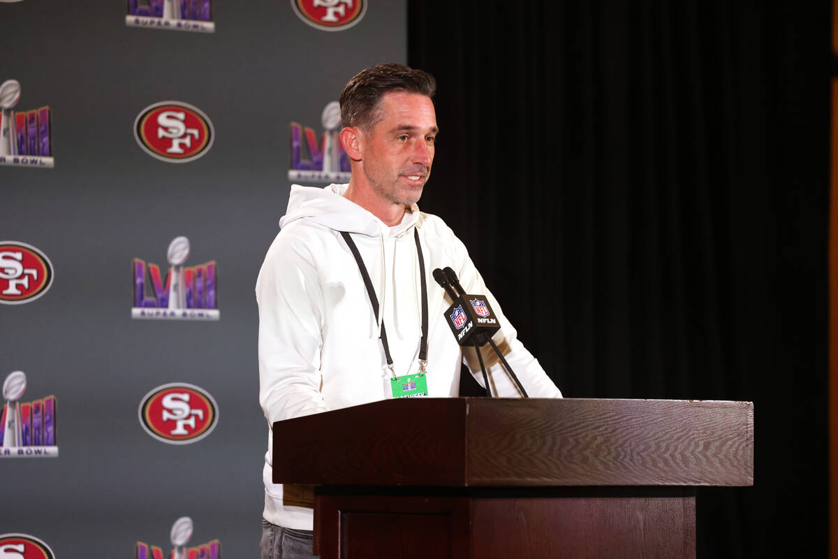 San Francisco 49ers coach Kyle Shanahan talks with the news media at Hilton Lake Las Vegas Reso ...