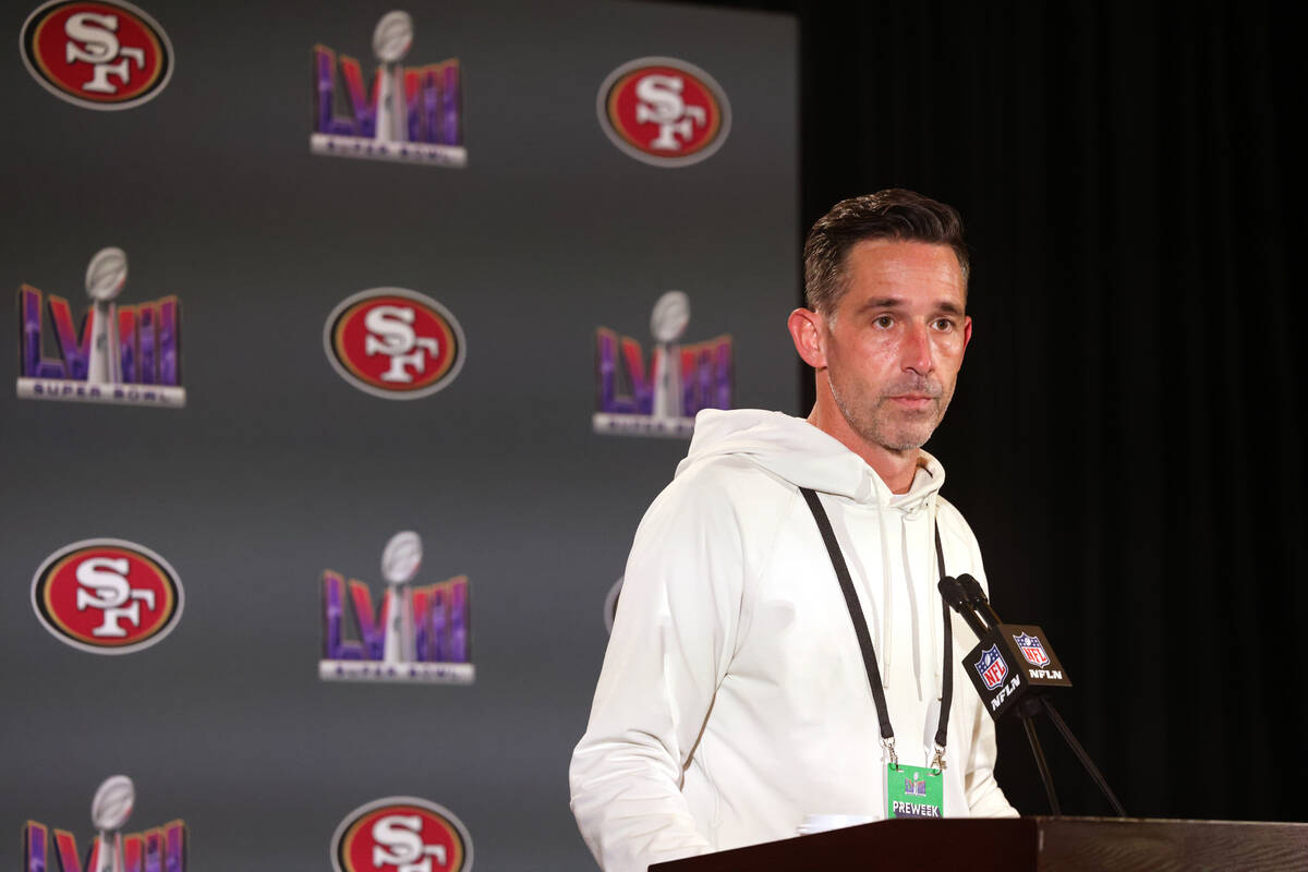 San Francisco 49ers coach Kyle Shanahan talks with the news media at Hilton Lake Las Vegas Reso ...