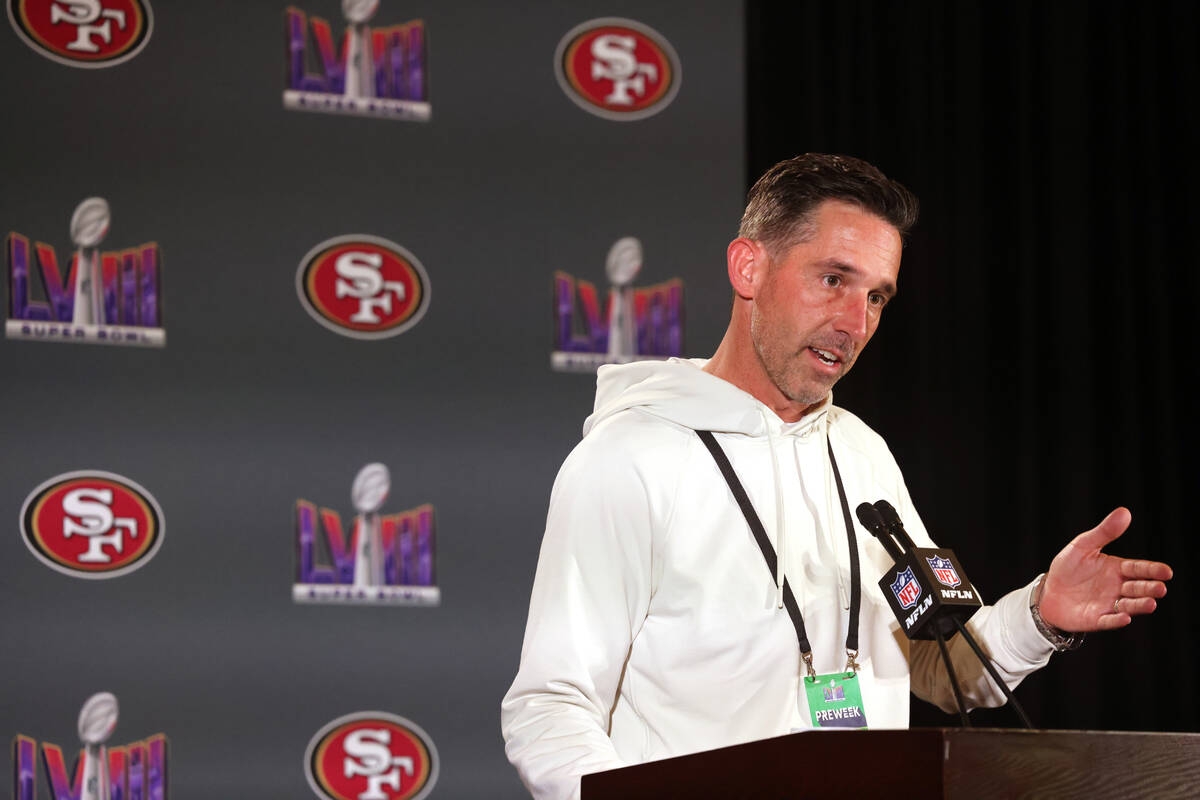 San Francisco 49ers coach Kyle Shanahan talks with the news media at Hilton Lake Las Vegas Reso ...