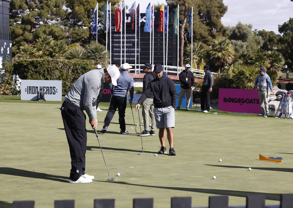 Players practice before LIV Golf Las Vegas Pro-Am tournament at Las Vegas Country Club, on Wedn ...