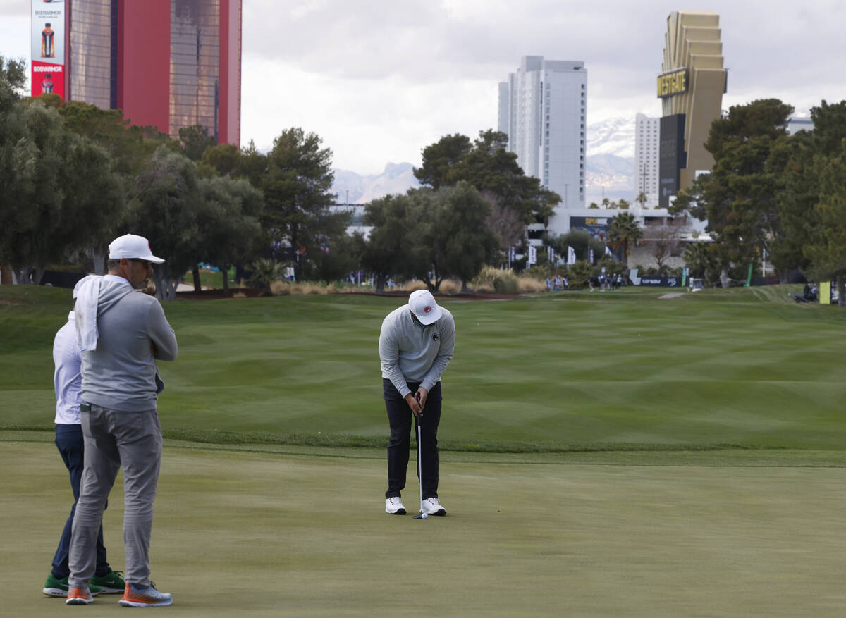 Jon Rahm putts on the 17th hole during LIV Golf Las Vegas Pro-Am tournament at Las Vegas Countr ...