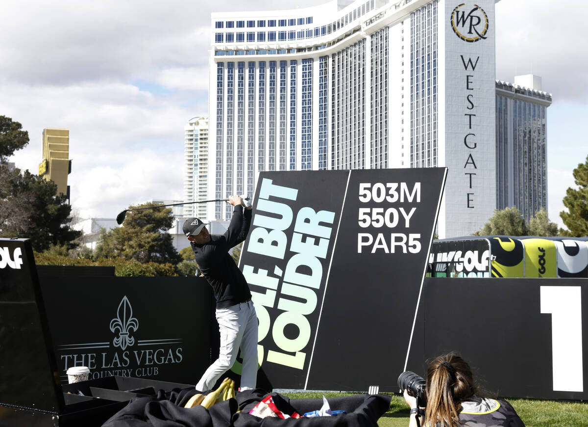 Brendan Steel watches his tee shot during LIV Golf Las Vegas Pro-Am tournament at Las Vegas Cou ...