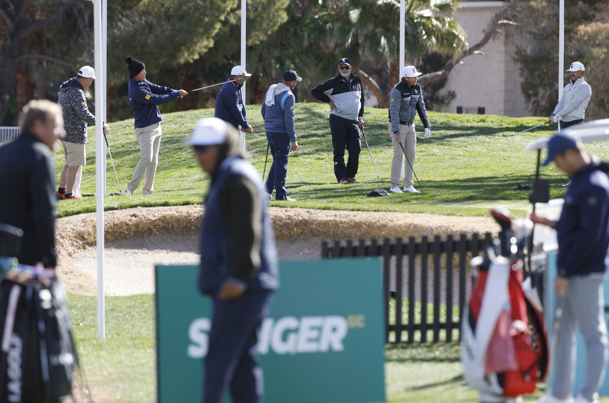 Players practice before LIV Golf Las Vegas Pro-Am tournament at Las Vegas Country Club, on Wedn ...