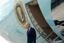 President Joe Biden arrives on Air Force One at Harry Reid International Airport in Las Vegas, ...