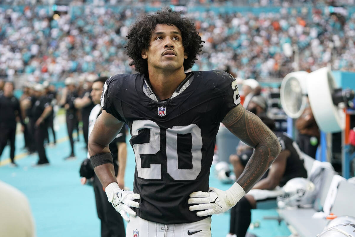 Las Vegas Raiders safety Isaiah Pola-Mao (20) looks up to the scoreboard during the end of the ...