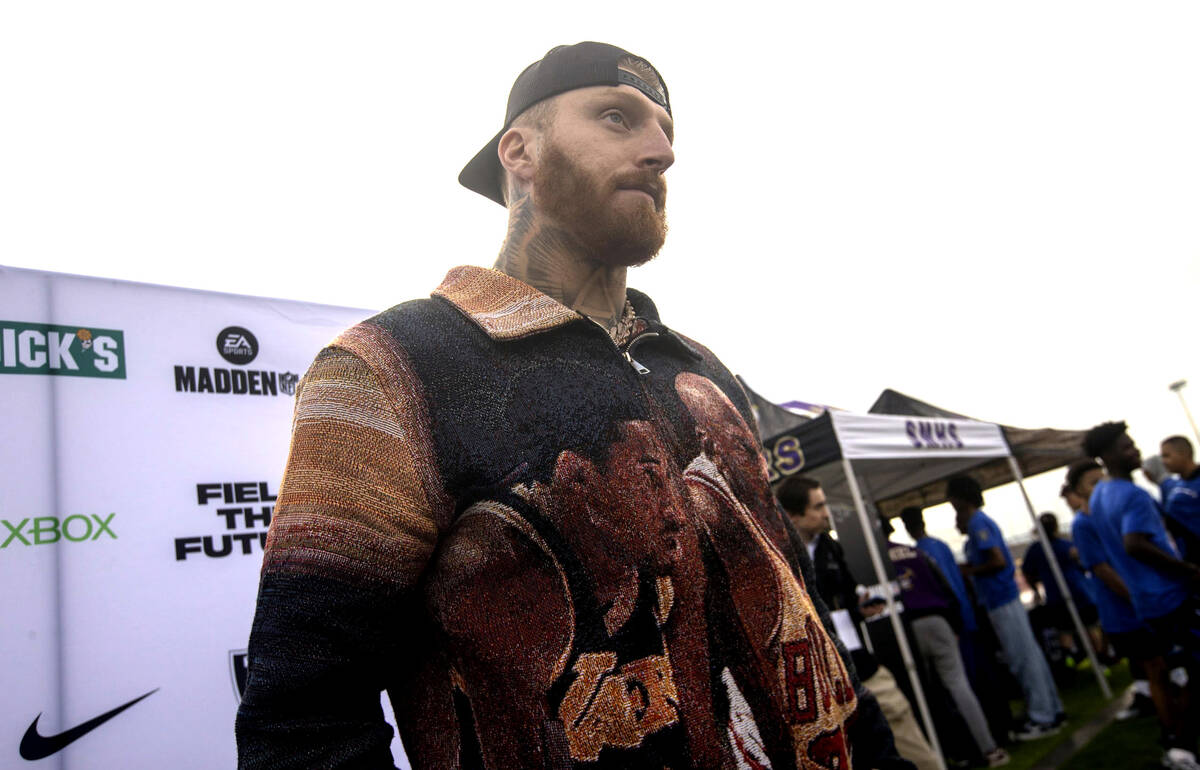Raiders defensive end Maxx Crosby is interviewed during the Field the Future Madden NFL EA Spor ...