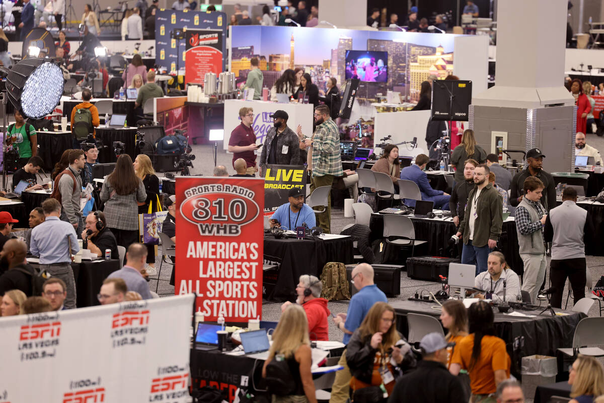 Members of the media are shown in the Super Bowl's Radio Row at Mandalay Bay Convention Center ...