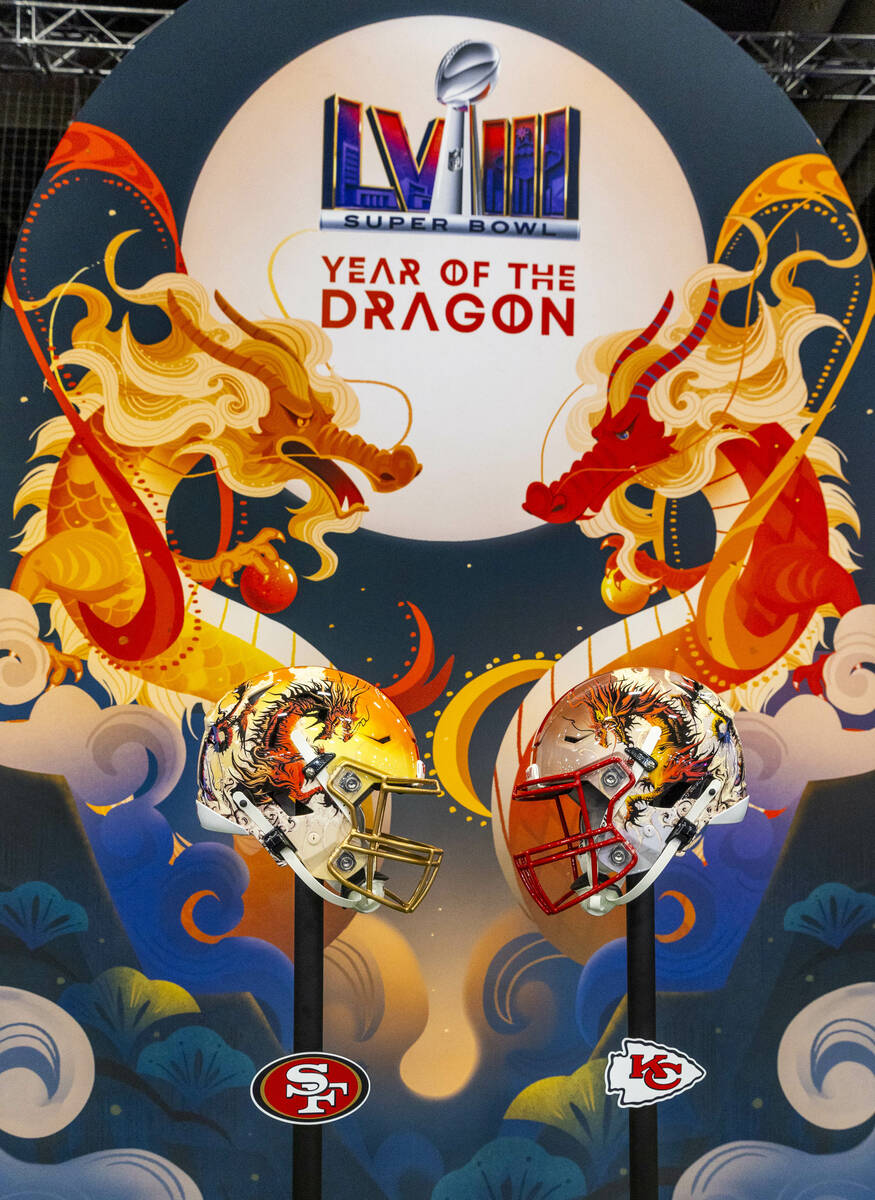 Year of the Dragon custom helmets on display during the Super Bowl Experience at the Mandalay B ...