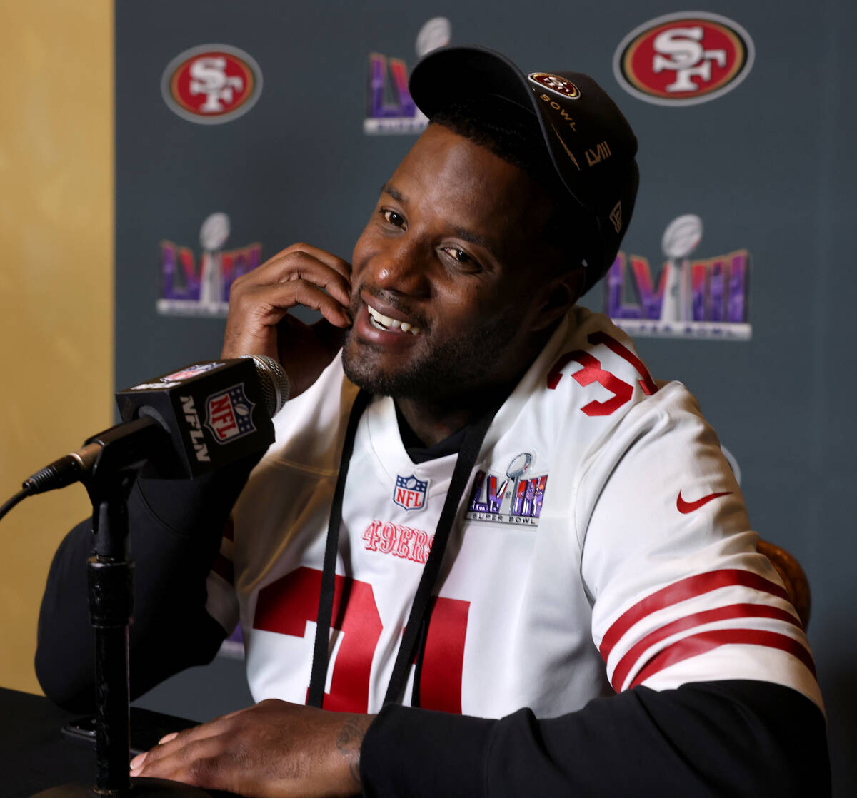 San Francisco 49ers safety Tashaun Gipson Sr. talks with the news media at Hilton Lake Las Vega ...