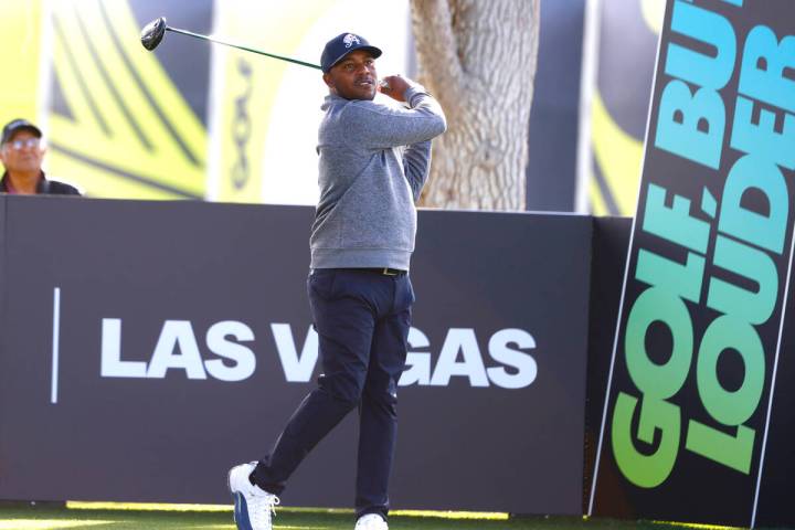 Harold Varner III of team Aces GC drives off the tee during the first round of LIV Golf Las Veg ...
