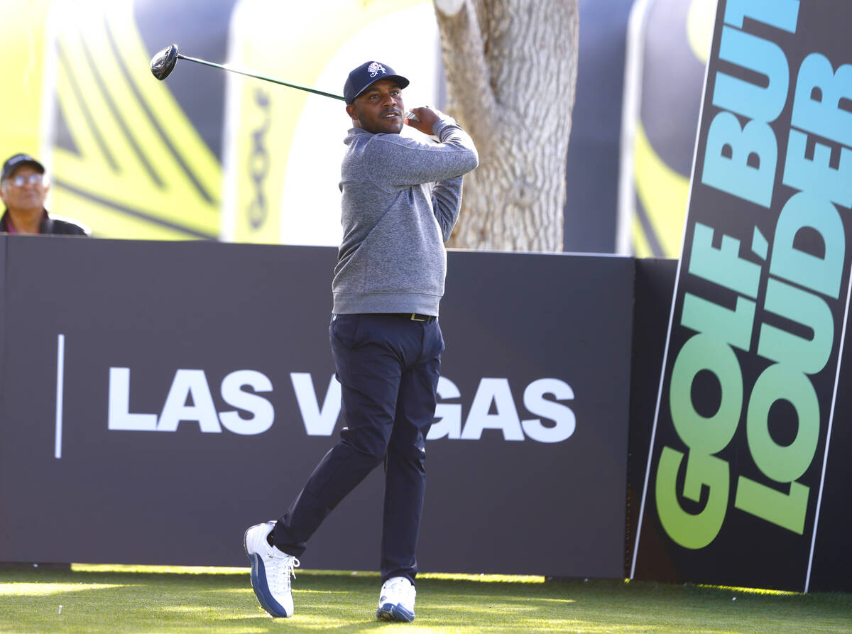 Harold Varner III of team Aces GC drives off the tee during the first round of LIV Golf Las Veg ...