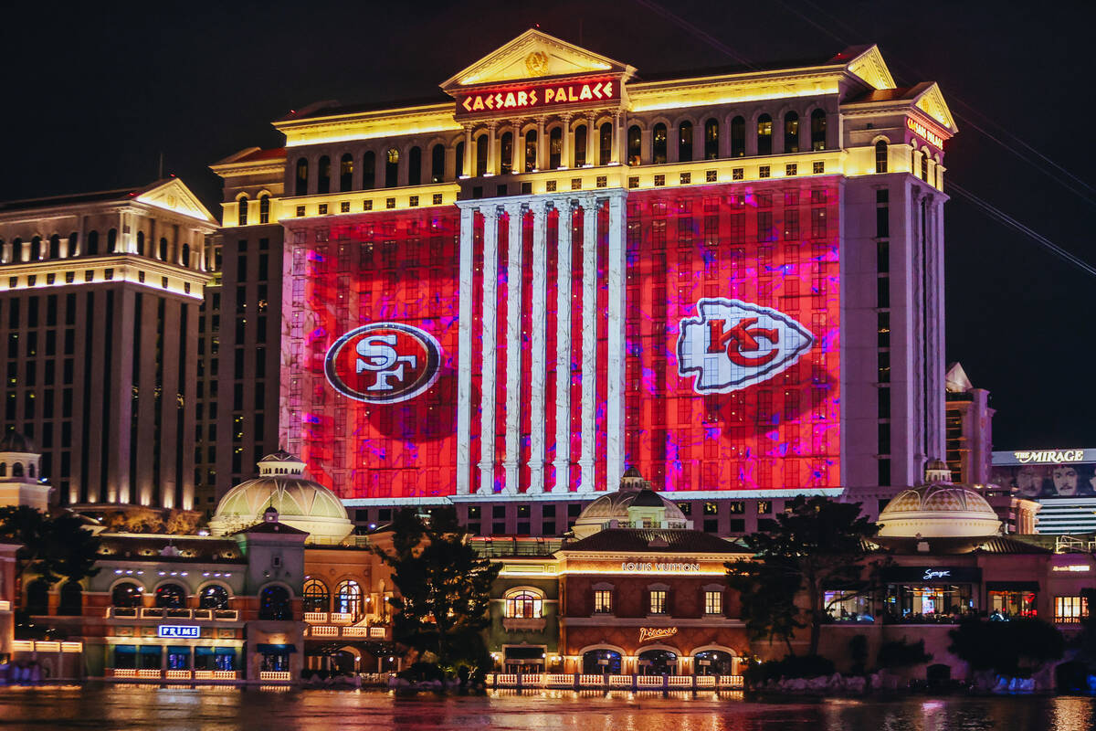 The 65,000-square-foot “Super Bowl Projection Show" takes place on the side of Caesars Palace ...