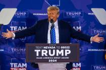 Republican presidential candidate former President Donald Trump speaks during a caucus rally at ...