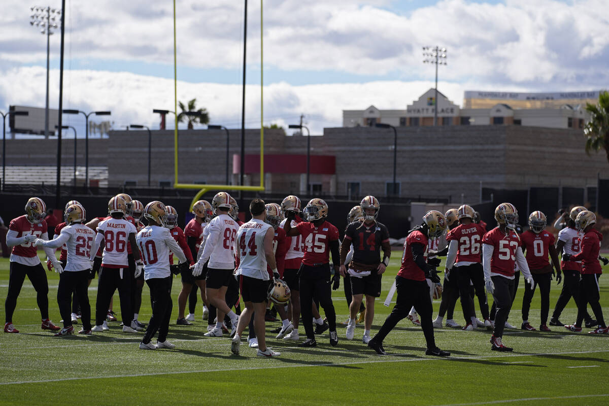 The San Francisco 49ers take part in practice ahead of the Super Bowl on Wednesday, Feb. 7, 202 ...