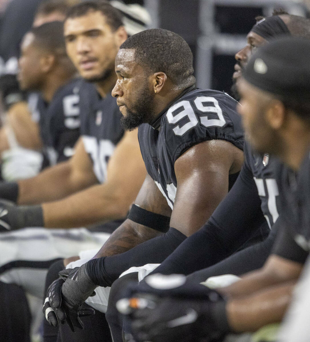 Raiders defensive end Clelin Ferrell (99) looks on from the sideline during the second half of ...