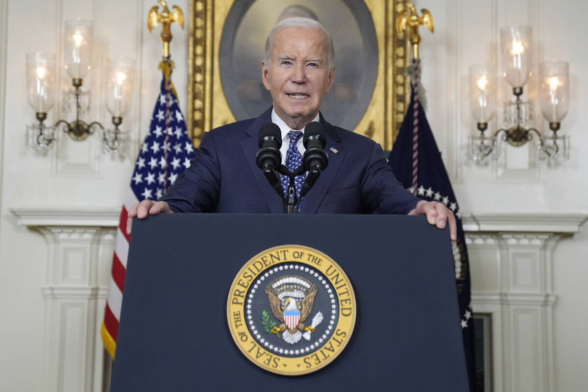 President Joe Biden speaks in the Diplomatic Reception Room of the White House, Thursday, Feb. ...