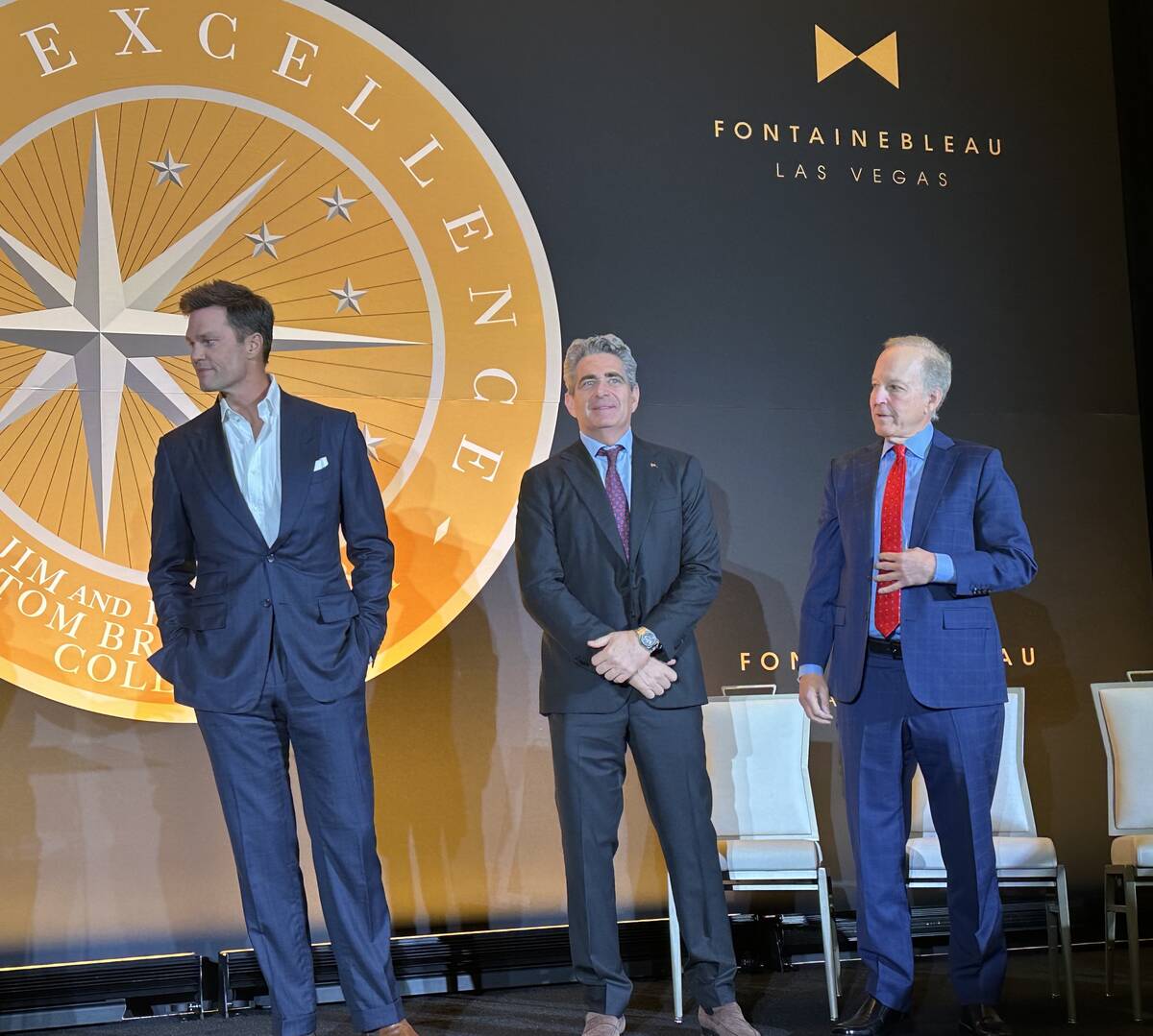 Tom Brady, Jeffrey Soffer and Jim Gray and Tom Brady are shown at Fontainebleau's Urs Fischer G ...