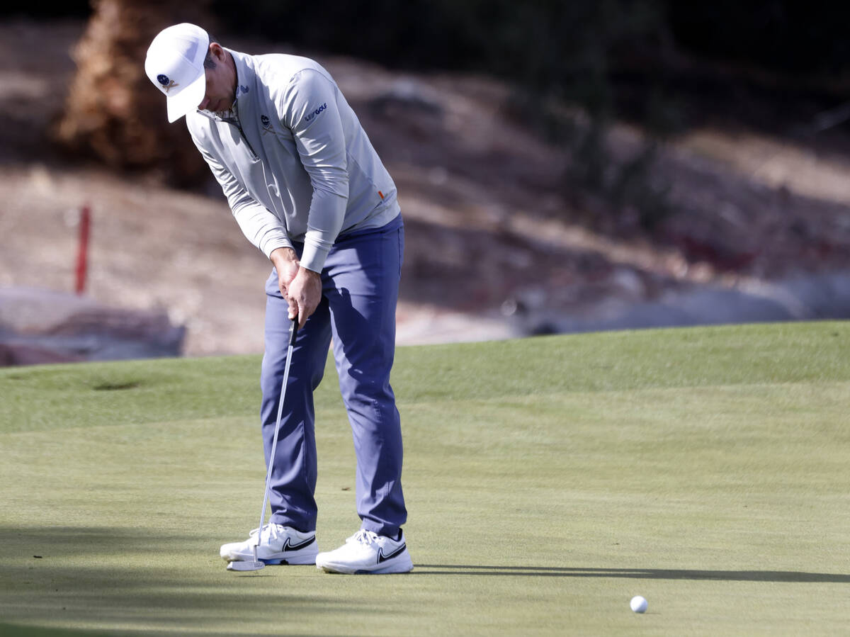 Paul Casey of team Crushers GC watches his putt on the 9th hole during the second round of LIV ...