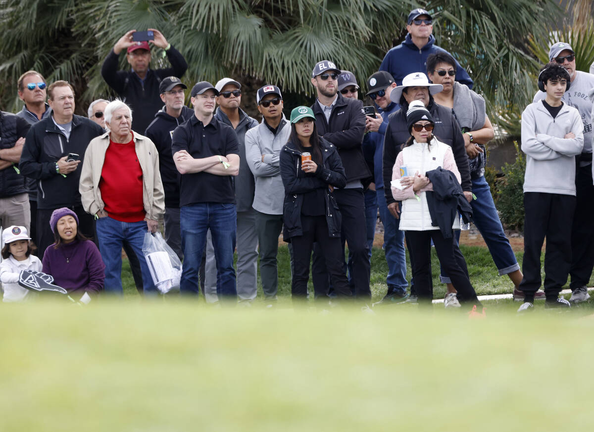 Fans watch the second round of LIV Golf Las Vegas tournament at Las Vegas Country Club, on Frid ...