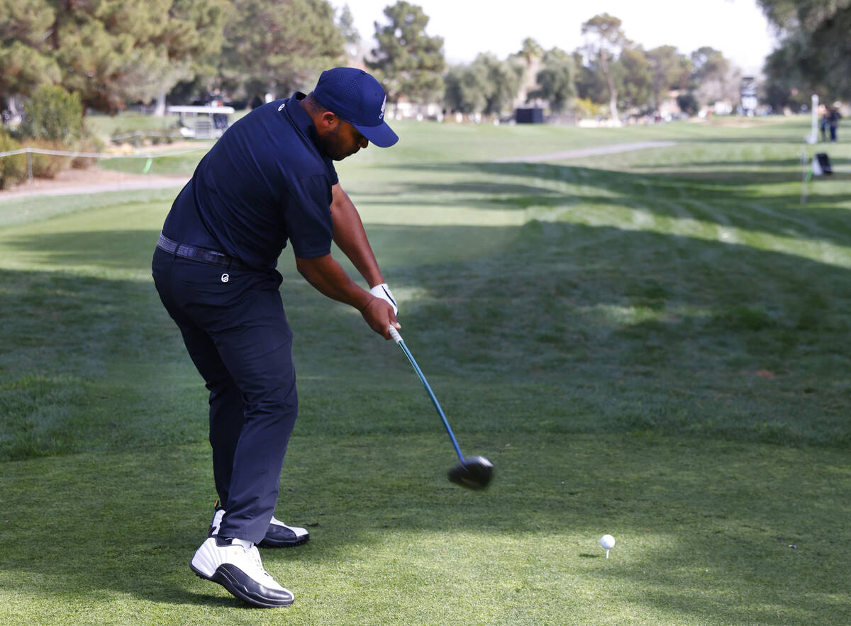 Harold Varner III of team 4Aces GC drives off the tee during the second round of LIV Golf Las V ...