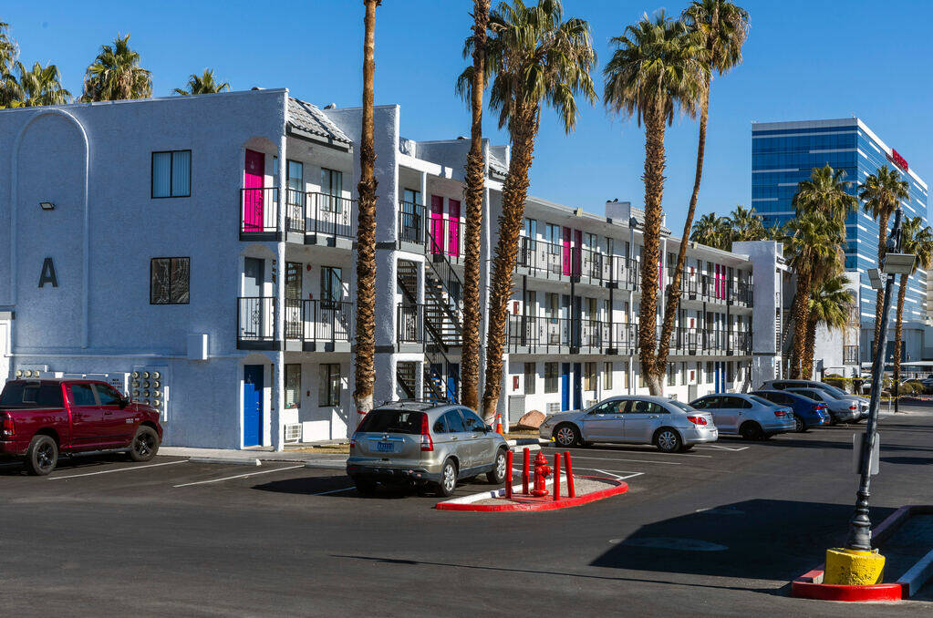 The apartment complex The Harmon is shown on E. Harmon Ave. on Thursday, Dec. 8, 2022, in Las V ...
