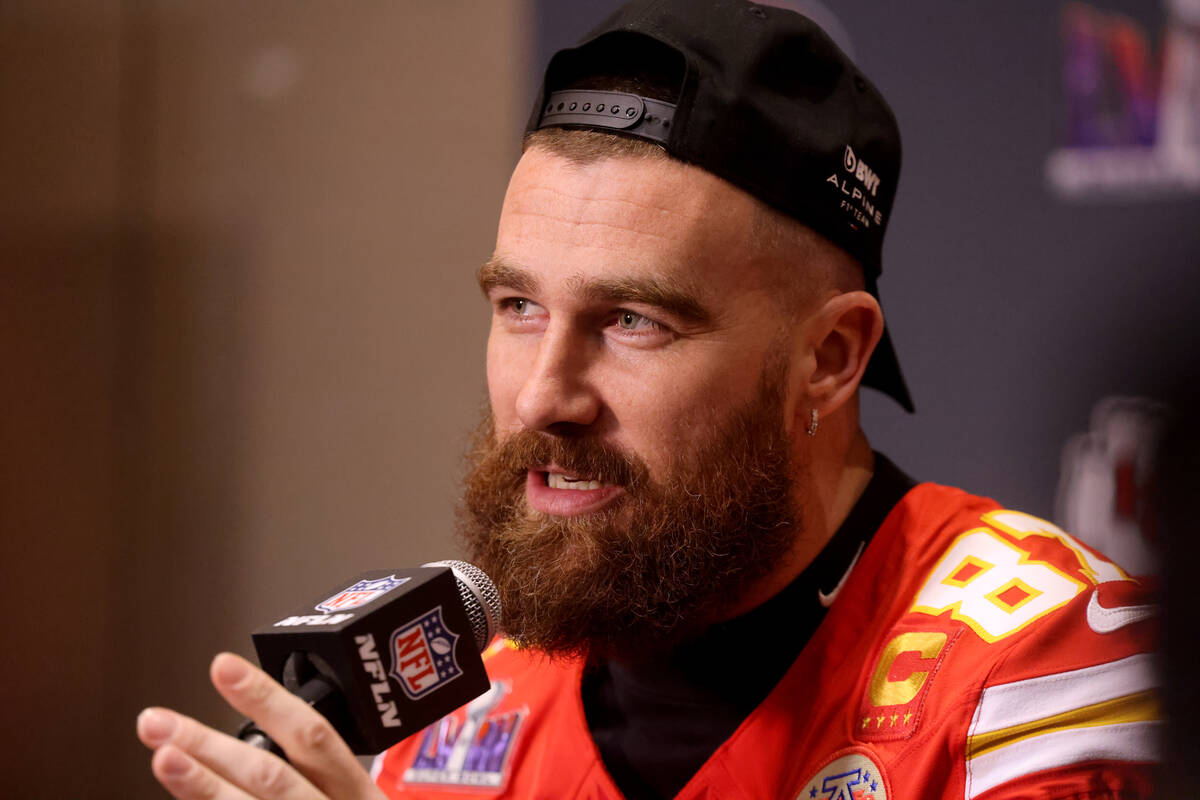 Kansas City Chiefs tight end Travis Kelce talks with the news media at Westin Lake Las Vegas in ...