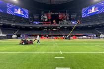 Allegiant Stadium's field tray moved inside the facility ahead of Super Bowl 58, as seen on Feb ...