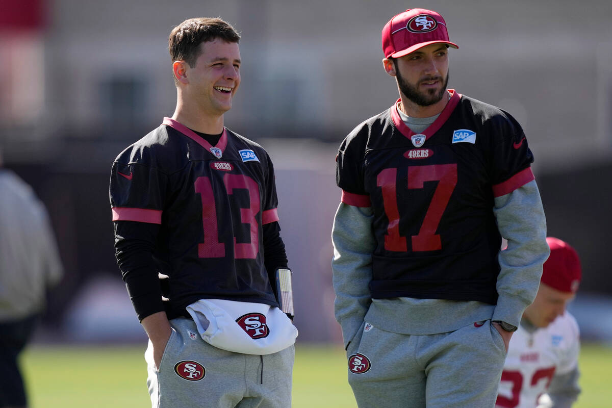 San Francisco 49ers quarterback Brock Purdy (13) and San Francisco 49ers quarterback Brandon Al ...