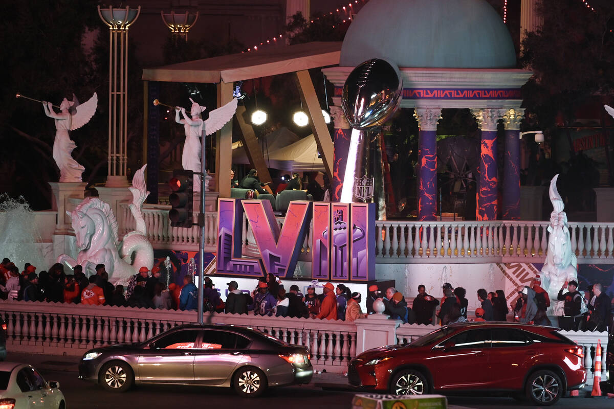 The corner of Flamingo Road and the Strip is seen the day before Super Bowl LVIII Saturday, Feb ...