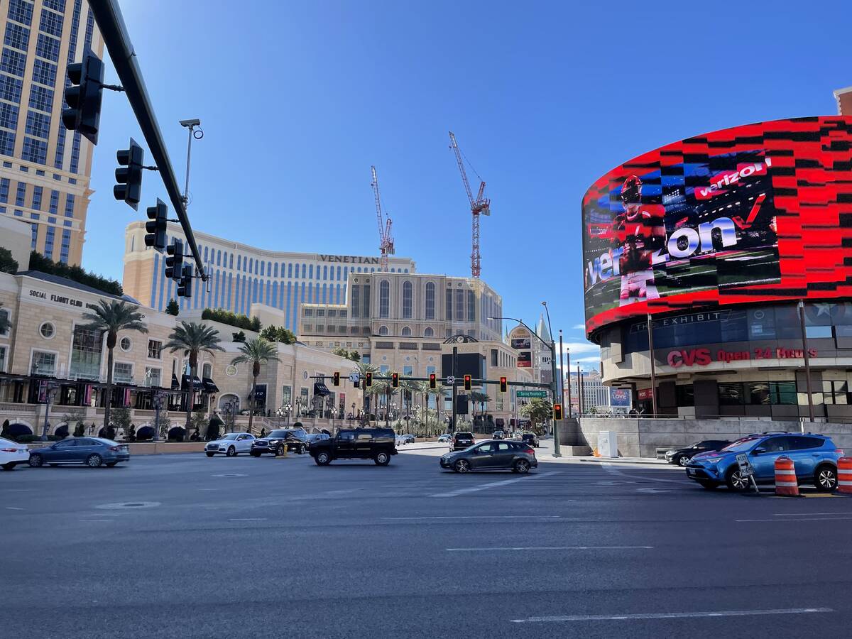 Pedestrian and vehicle traffic is light on the Las Vegas Strip the morning of Saturday, Feb. 10 ...