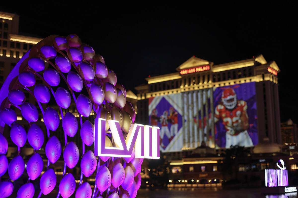 The Bellagio and Caesars Palace is decorated for the NFL Super Bowl 58 football game on Saturda ...