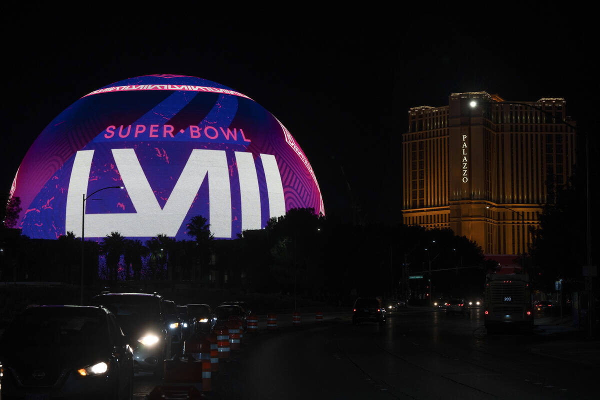 The logo for Super Bowl 58 is displayed on the Sphere, Saturday, Feb. 10, 2024, in Las Vegas. T ...