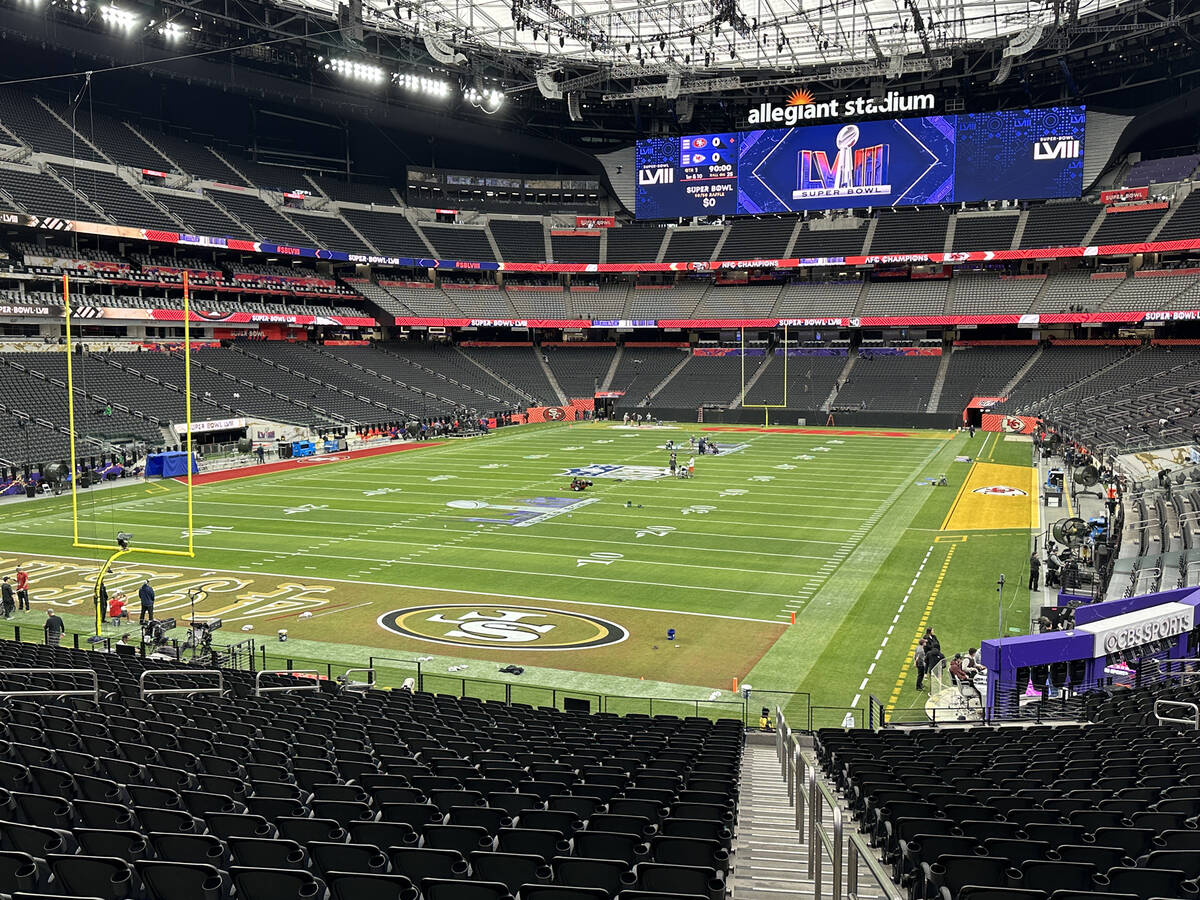 Allegiant Stadium's game-day turf was rolled in Friday in advance of Super Bowl 58. It is shown ...