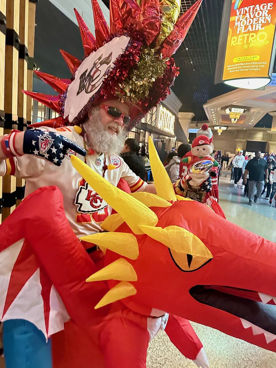 Don Lobmeyer, of Woodstock, Kansas, shows off his Kansas City Chiefs costume at Mandalay Bay in ...