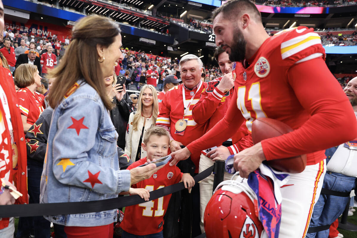 Kansas City Chiefs long snapper James Winchester (41) visits with friends and family before Sup ...