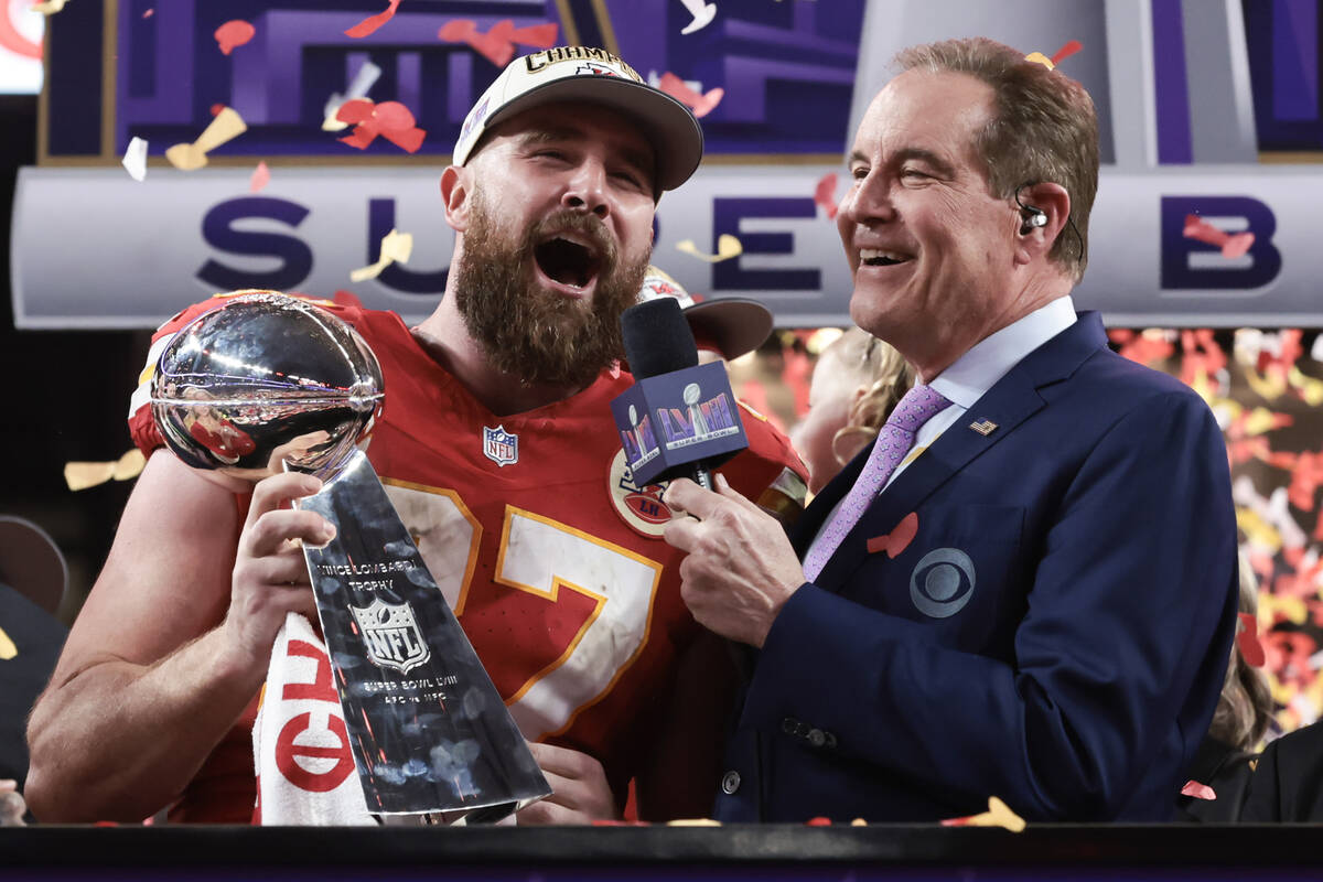 Kansas City Chiefs tight end Travis Kelce (87) celebrates their victory over the San Francisco ...