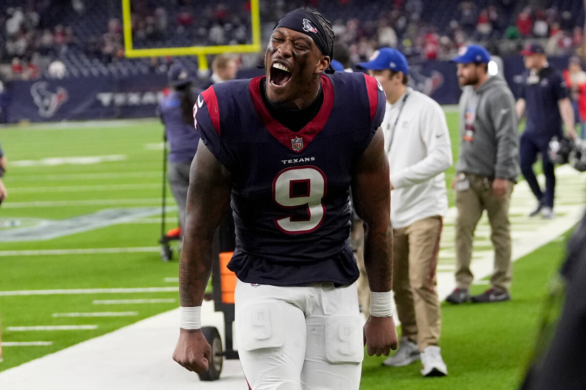 Houston Texans tight end Brevin Jordan celebrates after their win against the Cleveland Browns ...