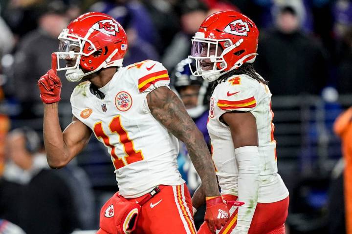 Kansas City Chiefs wide receiver Marquez Valdes-Scantling (11) celebrates his catch against the ...