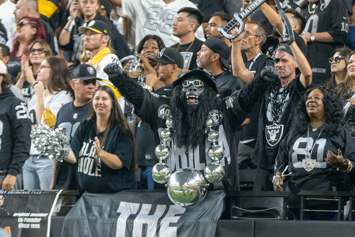 Raiders fan Gorilla Rilla celebrates during the second half an NFL game against the Pittsburgh ...