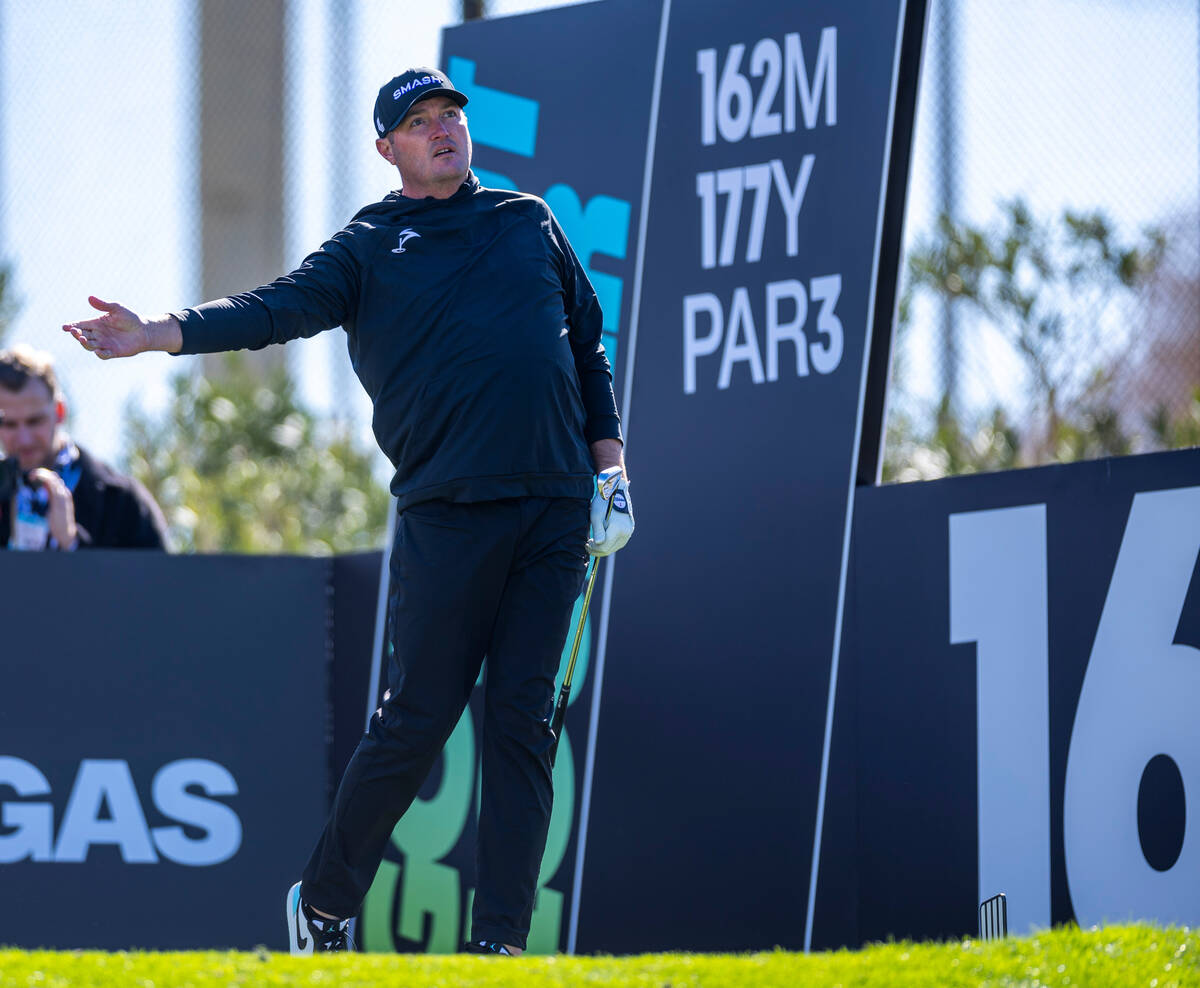 Jason Kokrak is unhappy with his tee shot at hole #16 during the final round of the LIV Golf to ...