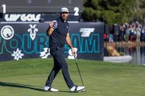 Dustin Johnson celebrates his winning putt on hole #18 during the final round of the LIV Golf t ...