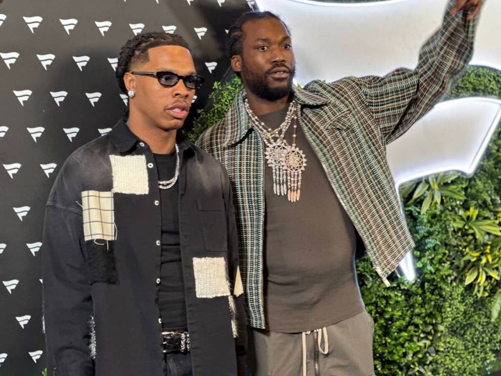 Rappers Lil Baby and Meek Mill walk the blue carpet at the Fanatics Super Bowl LVIII Party at M ...
