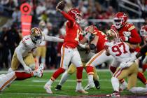 Kansas City Chiefs quarterback Patrick Mahomes (15) throws a pass against the San Francisco 49e ...