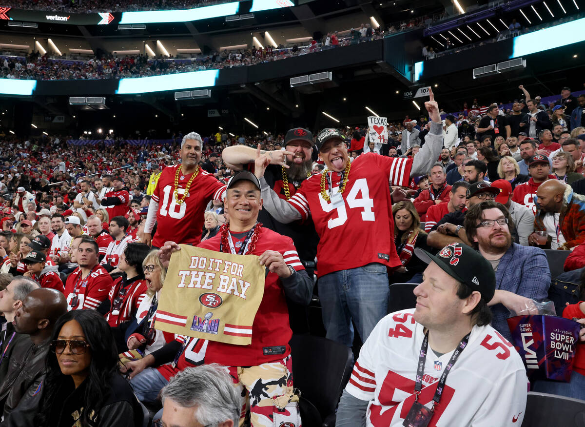 49ers fans celebrate as their team takes on the Chief in the first quarter of the 2024 Super Bo ...