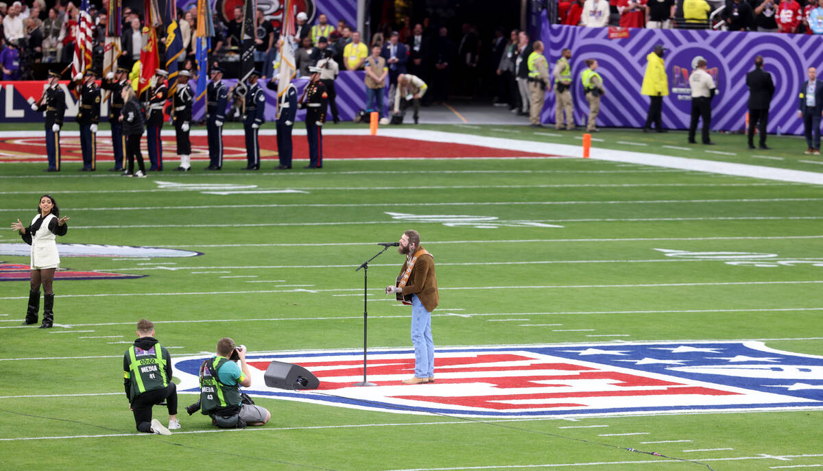 Post Malone performs the National Anthem before the 49ers take on the Chief in the 2024 Super B ...