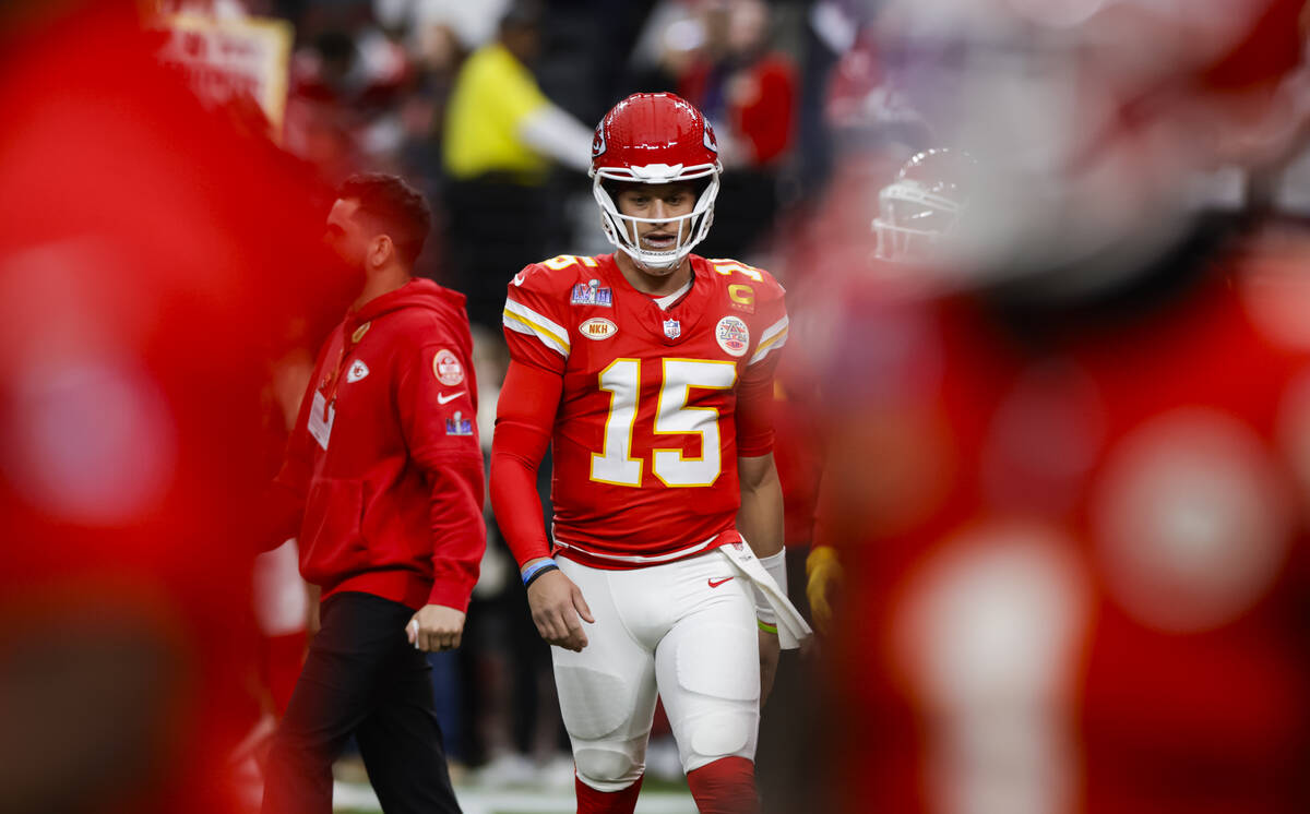 Kansas City Chiefs quarterback Patrick Mahomes warms up before the start of Super Bowl 58 at Al ...