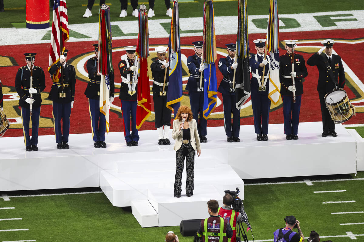 Reba McEntire performs before the start of Super Bowl 58 at Allegiant Stadium on Sunday, Feb. 1 ...