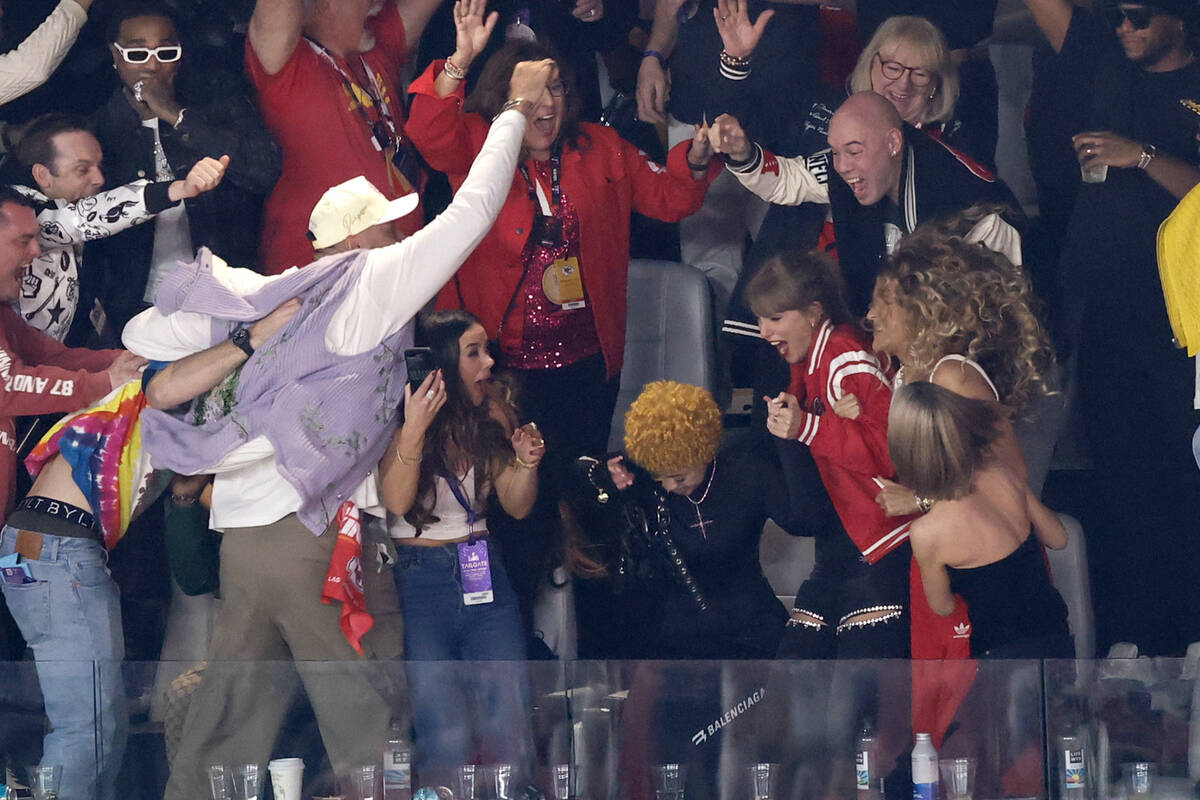 Taylor Swift and others celebrate the Kansas City Chiefs defeating the San Francisco 49ers in o ...